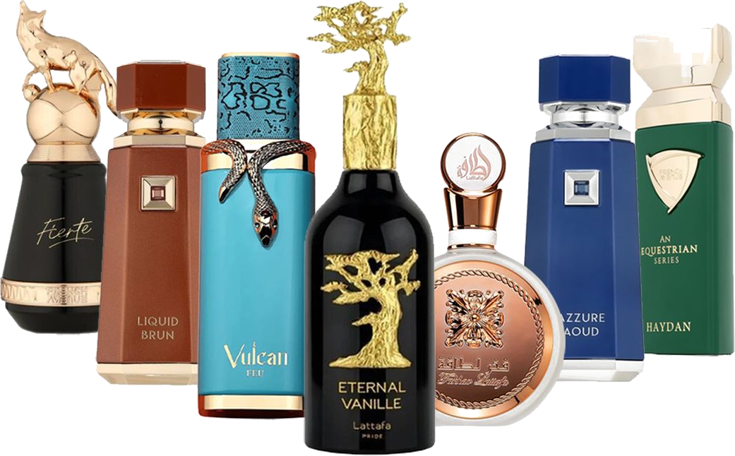 Composição de perfumes árabes premium distribuídos pela Onuh — Lattafa Eternal Vanille, Fierté, Vulcan Feu, Azzure Aoud, Haydan